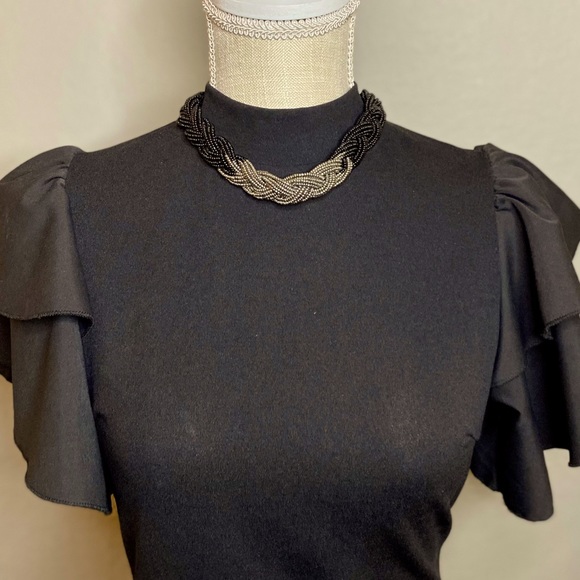 Braided Black & Silver Seed Bead Boho Style Adjustable Necklace - Picture 2 of 5